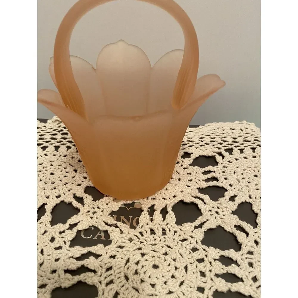 Vintage Mikasa Pink Satin Frosted Glass Tulip Basket Vase w/Handle Made In Japan